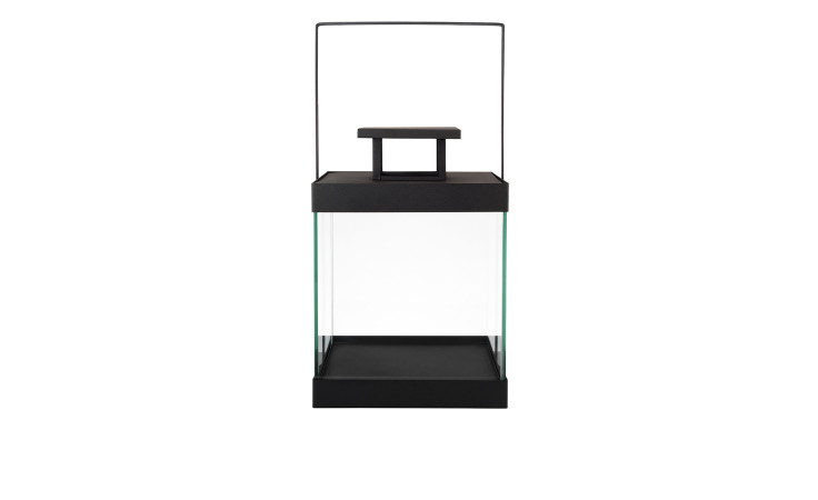 Laterne Finca 41,5 cm aus transparentes Glas und einer Unter- und Oberseite aus Stahl in schwarz.