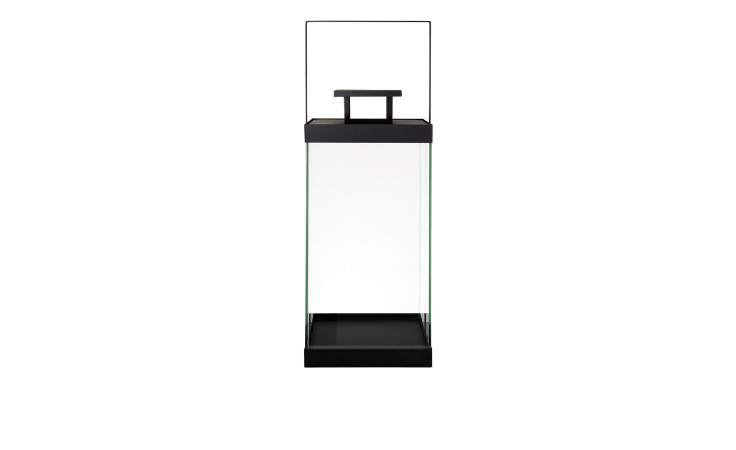 Laterne Finca 57,5 cm aus transparenten Glas mit einer Unter- und Oberseite aus Stahl in schwarz.
