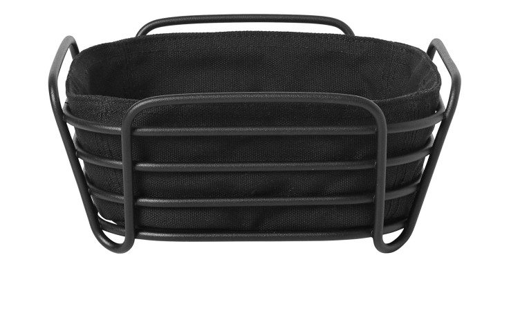 Brotkorb Delara 20,5 x 20,5 cm aussen aus Stahl in schwarz, innen ein bezug aus Baumwolle in schwarz.