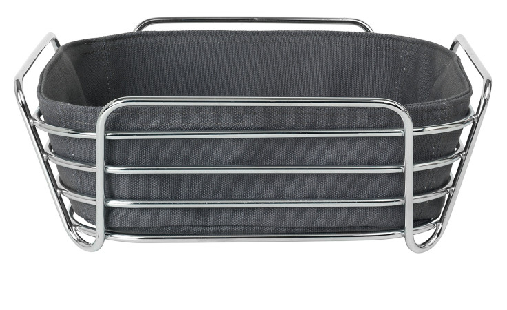 Brotkorb Delara 26 x 26 cm aussen ist ein silbernes Gestell aus Stahl, innen ein Bezug aus Baumwolle in grau.