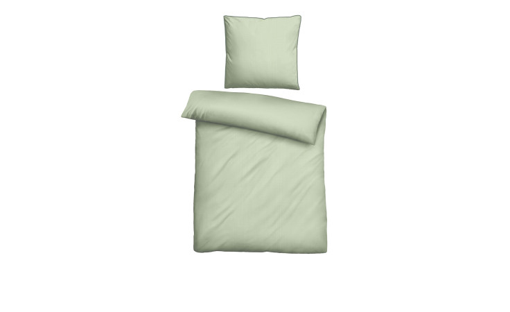 Hellgrüne Pique-Bettwäsche 135 x 200 cm in weicher Naturfaser gefasst, sauber arrangiert auf weißem Hintergrund.