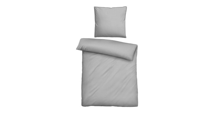 Ein ordentlich gemachtes Bett mit Pique-Bettwäsche 155 x 220 cm in Grau, von oben gesehen vor weißem Hintergrund.
