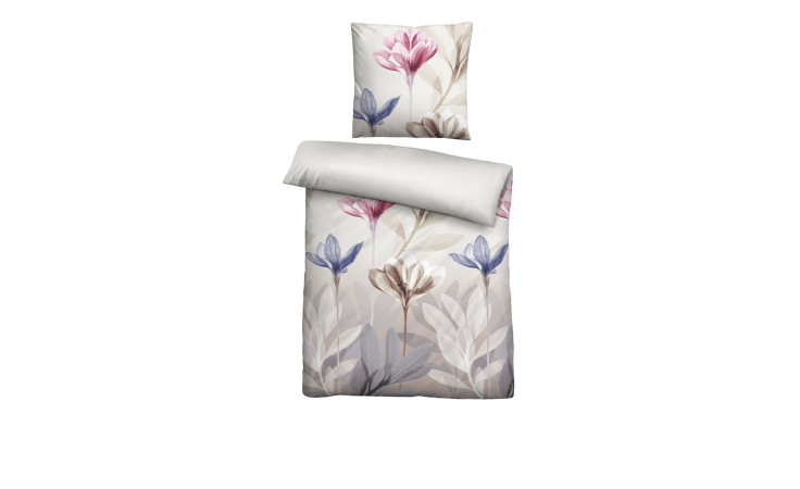 Seersucker-Bettwäsche 155x220 cm Set mit Kissen, Decke, florales Muster in Pink, Lila und Beige.