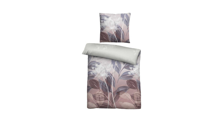 Feinbiber-Bettwäsche 155 x 220 cm mit Bettdecke & Kopfkissen, zartes Blumenmuster in gedämpftem Lila, Weiß & Grau auf Weiß.