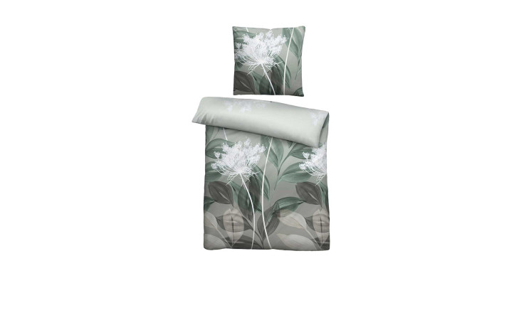 Feinbiber-Bettwäsche 155 x 220 cm in grün-grau mit großen weißen Blumen, aus weichem Naturfaser-Biber.