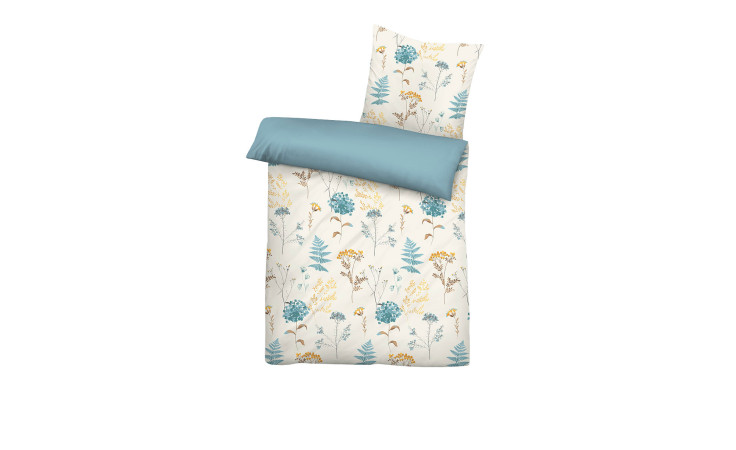 Mako-Satin Bettwäsche in einer Beige-Blauen Kombination. In dem Beige sind Blumen als Muster. 