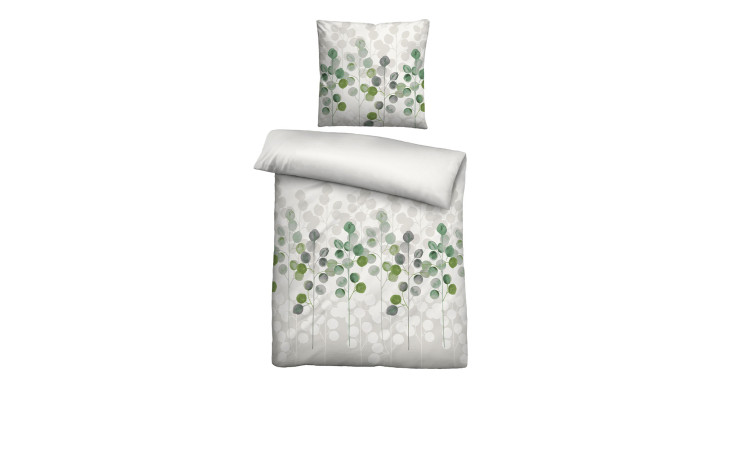 Bettwäsche Biberna mit grauer Optik und grünen Mustern. Die Decke hat eine Größe von 155 x 220 cm. 