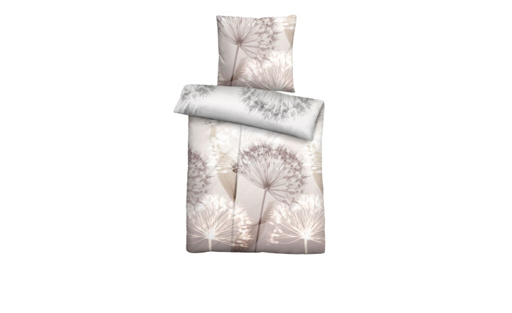 Beige-weiße Mako-Satin-Bettwäsche 155x220cm mit großen, zarten Pusteblumen-Motiven auf Bettbezug und Kissenbezug.