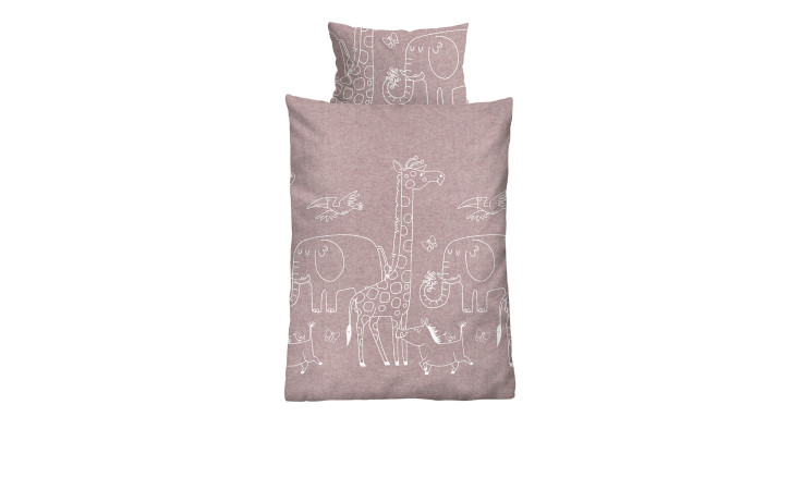 Flanell-Bettwäsche 135 x 200 cm für Kinder mit Tier-Strichzeichnungen auf mauve Naturfaser, inkl. Kissenbezug. Kissenbezug.