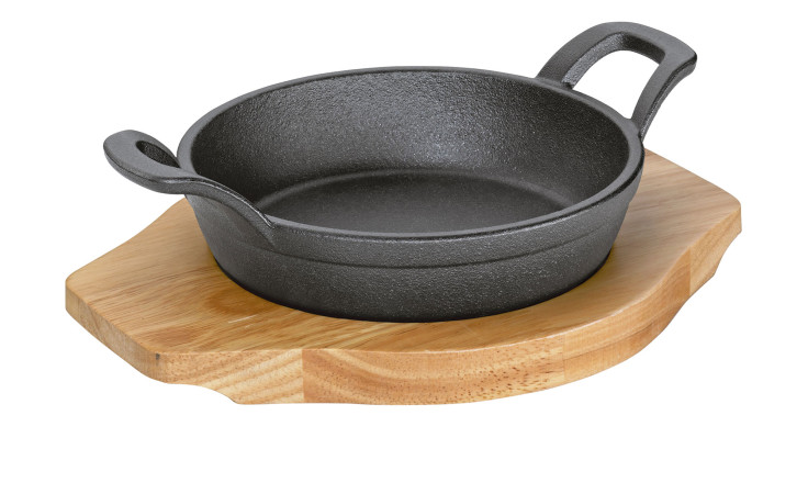 BBQ Gusseisen-Pfanne mit Holzbrett, Durchmesser 16 cm