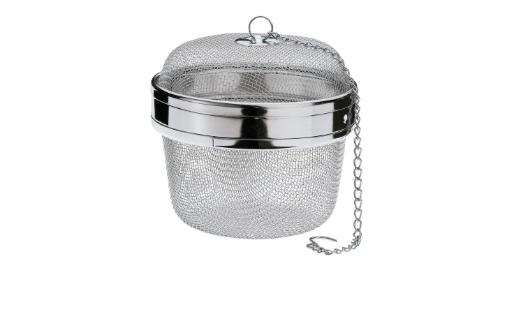 Küchenprofi Tee-/Gewürzkugel Tea 10,5 cm aus silberfarbenem Edelstahl-Mesh mit Kette und Haken, isoliert weiß.