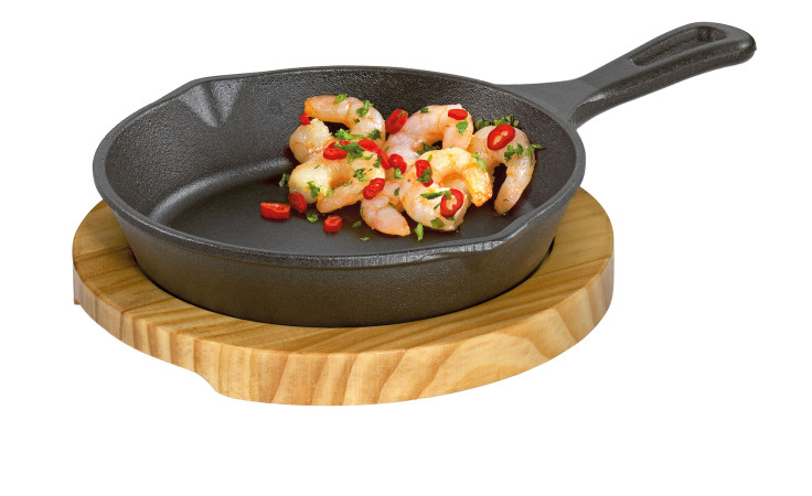 Pfanne BBQ mit Holzbrett, rund mit Stiel, aus Gusseisen schwarz