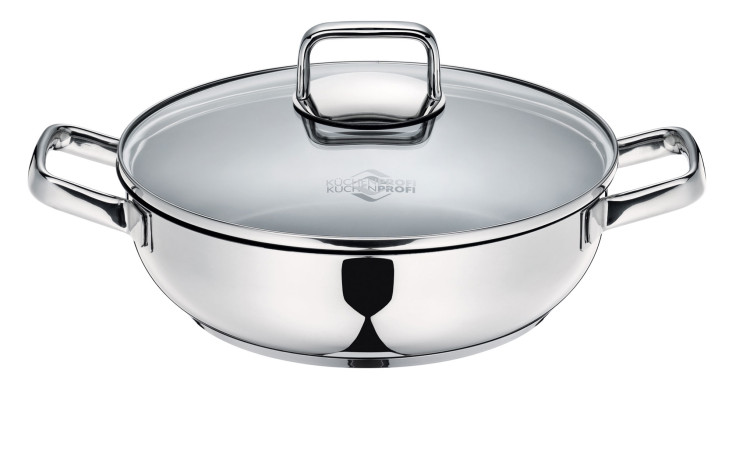 Servierpfanne Pisa 28 cm von Küchenprofi aus silberfarbenem Edelstahl mit zwei Griffen und Glasdeckel.