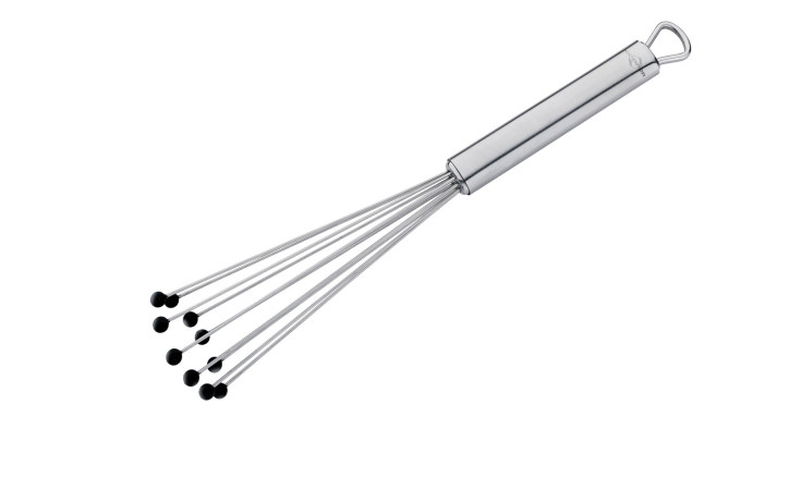 Der Küchenprofi Kugel-Schneebesen Parma 28,5 cm ist ein schwarzer Edelstahl-Schneebesen mit Kugelspitzen an jedem Draht.