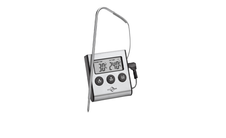 Küchenprofi Digitaler Bratenthermometer Primus mit schwarzen Bedientasten, Edelstahlsonde und LCD-Anzeige.