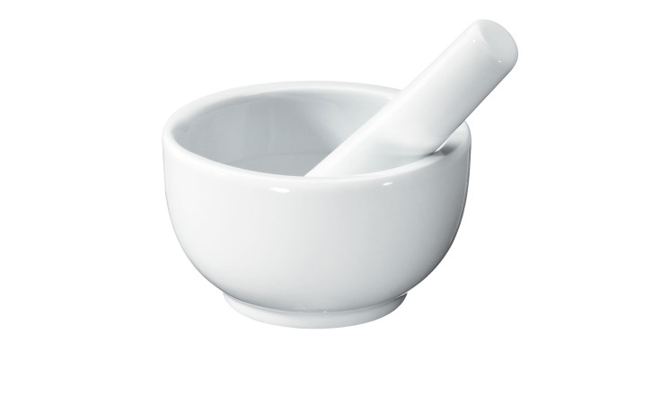 Der Küchenprofi Mörser Porzellan 9 cm mit Stößel auf weißem Hintergrund.
