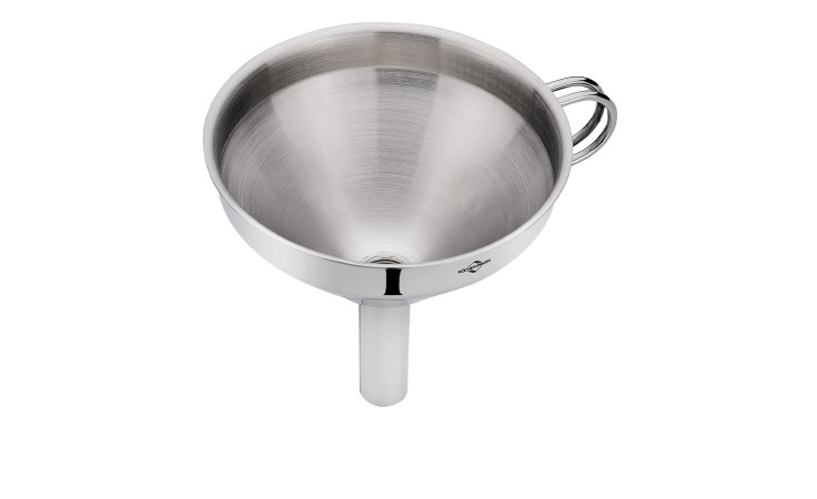 Der Küchenprofi Trichter 10 cm ist ein silberner Metalltrichter mit Henkel, der von oben auf weißem Hintergrund abgebildet ist.