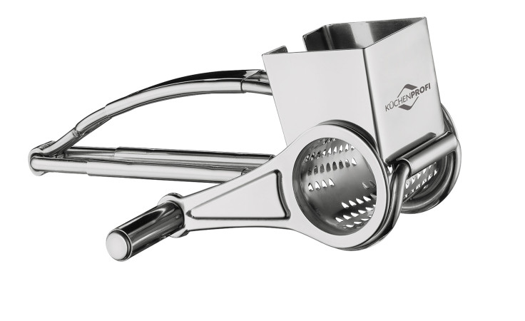 Die Küchenprofi Käsereibe ist eine silberfarbene Edelstahlreibe mit zwei Griffen, abgebildet auf weißem Hintergrund.