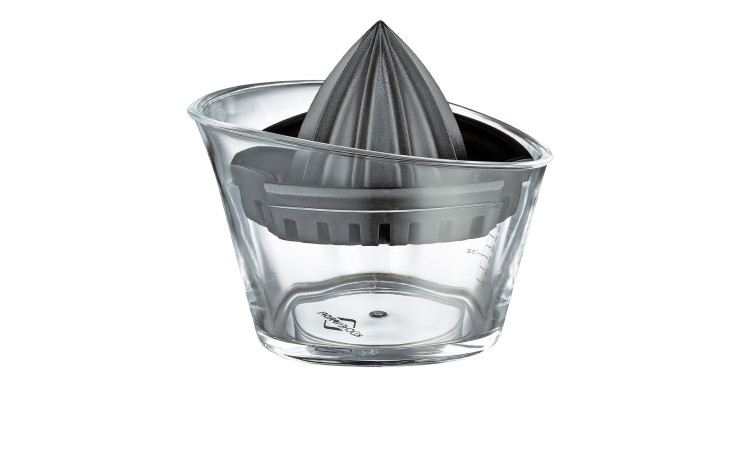 Die Küchenprofi Zitronenpresse ist eine transparente Saftpresse mit schwarzem Ausstecher und klarem Messbecher.