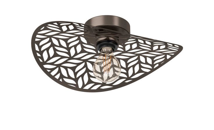 Deckenleuchte Swaby 40 cm: Bronze, blattgemusterter Metallschirm, sichtbare Glühbirne, Ø 40 cm.