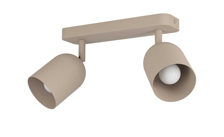 Spot Tilston 28 cm: Sandfarbener Deckenstrahler mit zwei verstellbaren Kegelköpfen und runden Glühbirnen.