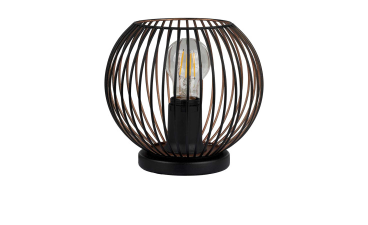 Tischleuchte Almanzora 20 cm: runde Tischleuchte aus schwarzem Stahldraht mit freiliegender Glühbirne auf rundem Sockel, weißer Hintergrund.