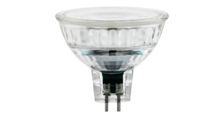 LED-Leuchtmittel 12246 GU5, klar, MR16 mit zwei Metallstiften, Effizienzklasse D, auf weißem Hintergrund.