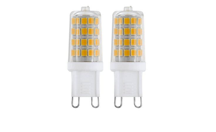 Zwei LED-Leuchtmittel 110154 G9, zylindrisch, Kunststoffsockel, Effizienz F, gelbe LED-Reihen sichtbar.