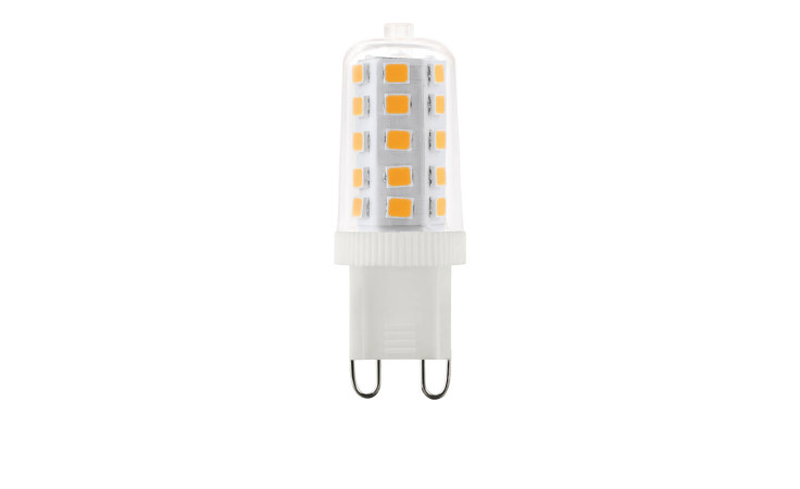 LED-Leuchtmittel 110156 G9, zylindrisch, weiße Fassung, zwei Metallstifte, Effizienzklasse F, vor weißem Hintergrund.
