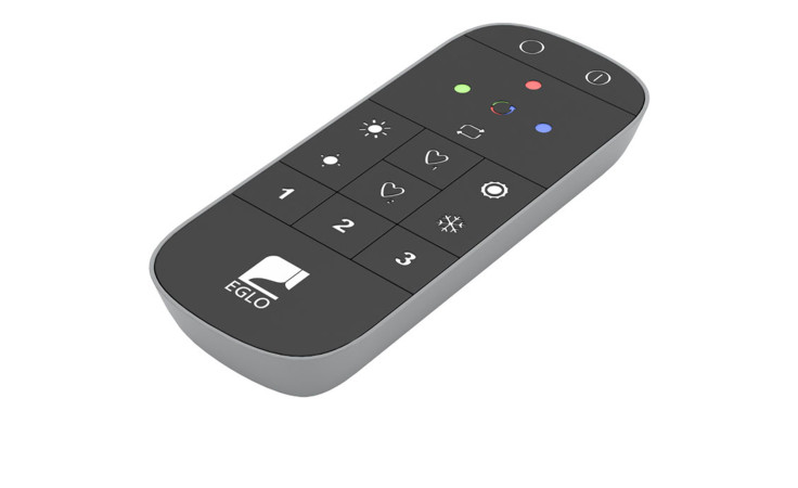 Die Fernbedienung Connect Z ist eine schwarz-graue Kunststoff-Fernbedienung, teilmontiert mit Tasten und EGLO-Logo zur einfachen Bedienung.