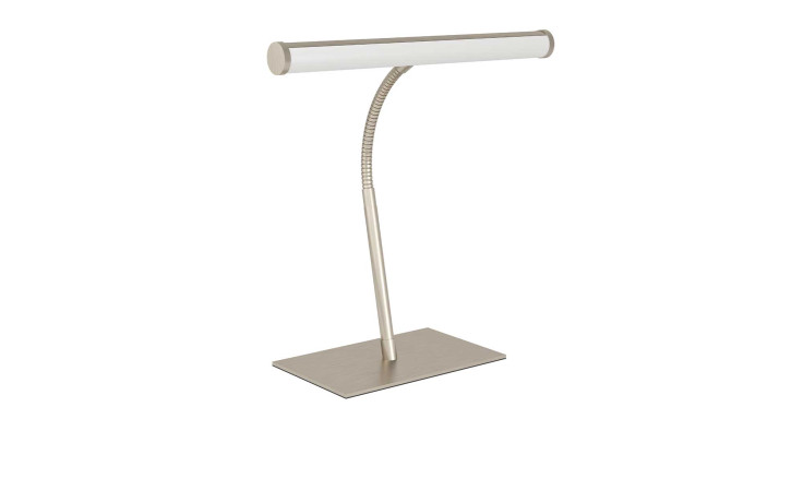 Die LED-Tischleuchte Riccione 30 cm ist eine moderne, silberne Schreibtischleuchte mit rechteckigem Sockel und schlankem, flexiblem Lichtbalken.