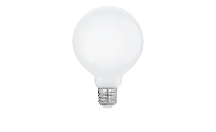 Das LED-Leuchtmittel 110041 E27 ist eine runde, mattierte Glühbirne mit silbernem E27-Sockel, Effizienzklasse E, auf weißem Hintergrund.