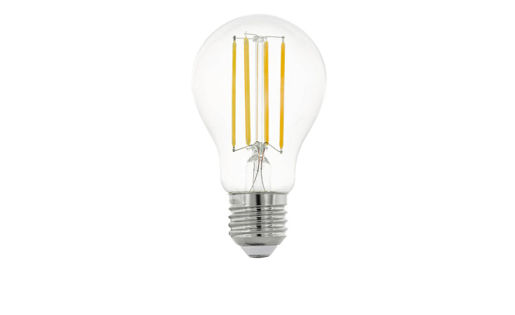 LED-Leuchtmittel 110005 E27, Glas, gelbe Filamente, Effizienzklasse E, auf weißem Hintergrund.