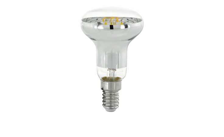 Das LED-Leuchtmittel 110027 E14 ist eine transparente, reflektierende Glühbirne mit Schraubsockel, abgebildet auf weißem Hintergrund.