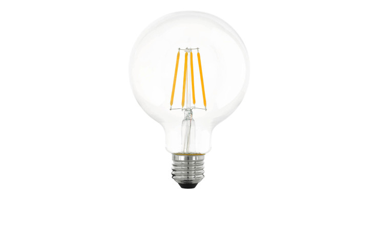 LED-Leuchtmittel 110181 E27 mit sichtbaren gelben Glühfäden, transparentes Glas, auf weißem Hintergrund.