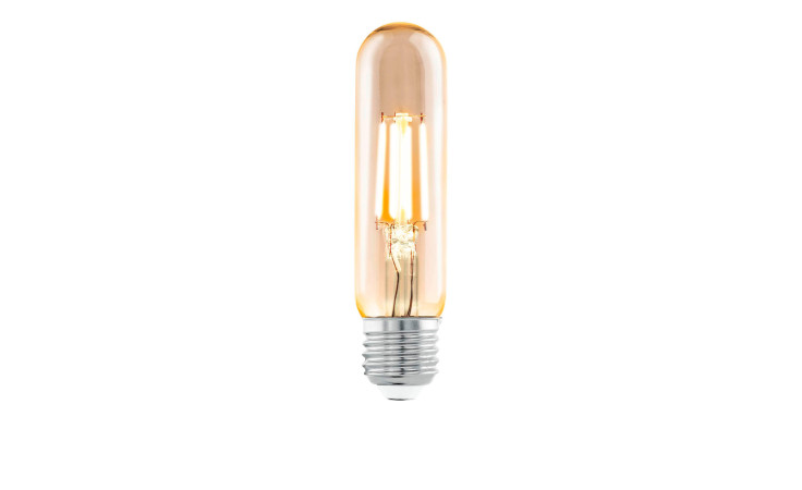 Das LED-Leuchtmittel 110056 E27 ist eine Glühbirne im Vintage-Stil mit sichtbarem Glühfaden, Effizienzklasse G, auf weißem Hintergrund.