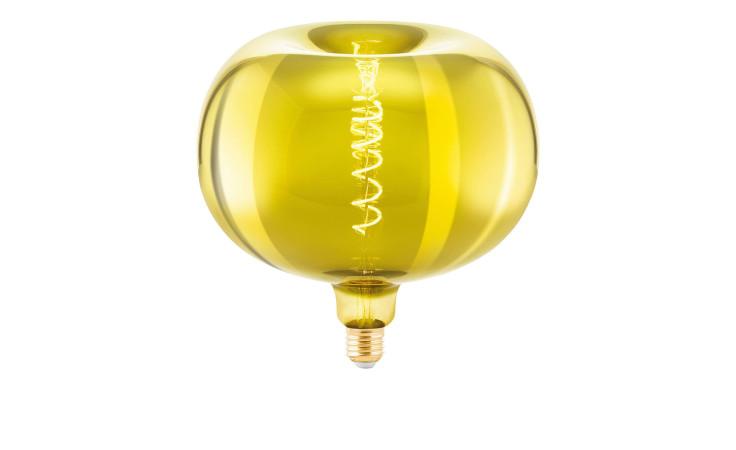 Ein gelbes, ovales LED-Leuchtmittel 110099 E27, 22 cm Durchmesser, spiralförmiger Glühfaden, dargestellt auf einem weißen Hintergrund.