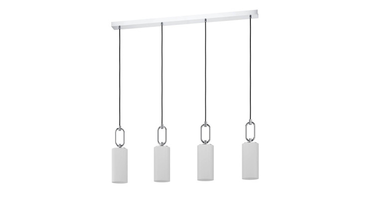 Hängeleuchte Majana 101 cm: Vier silberne zylindrische Hängeleuchten an einer weißen rechteckigen Deckenhalterung.