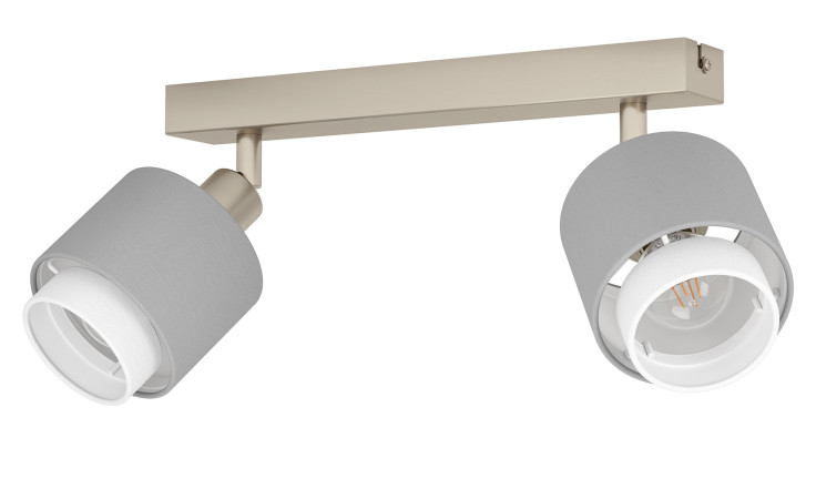 Moderne Spots Bellizzi 31 cm mit silbernem Metall-Baldachin und verstellbaren Zylinderschirmen in Grau und Weiß.