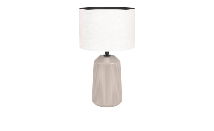 Tischleuchte Capalbio 41 cm: beige Keramik-Lampe mit vertikalen Rillen und weißem zylindrischem Stoffschirm.
