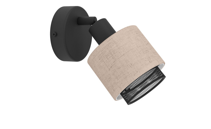 Die Spot Rosley 9 cm ist eine moderne Wandleuchte mit einem Sockel aus Schwarz Metall und einem beigen Stoffschirm.