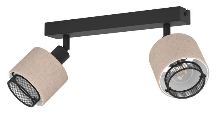 Der Spots Rosley 31 cm Deckenstrahler verfügt über zwei beigefarbene Stoffschirme und schwarze Metallakzente auf einer eleganten schwarzen Stange.