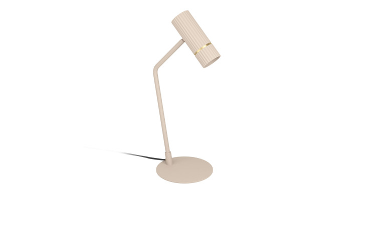 Beige Tischleuchte Caminia 48,5 cm mit zylindrischem Schirm, abgewinkeltem Hals und rundem Sockel auf weißem Grund.