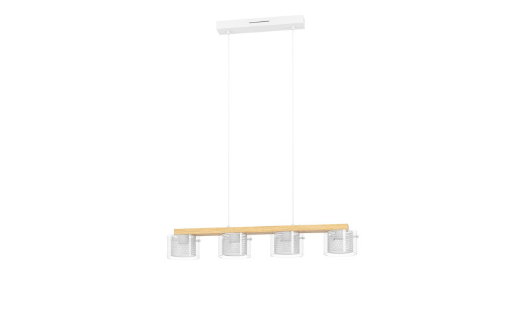 LED-Hängeleuchte Portico-Z 88 cm mit vier Zylindergläsern, holzfarbener Leiste, weißem Baldachin. Teilmontiert.