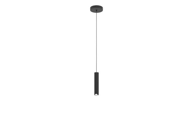 Die LED-Pendelleuchte Balamorta-Z 5,5 cm ist eine minimalistische Pendelleuchte aus schwarzem Metall mit einer dünnen Schnur und einem zylindrischen Schirm.