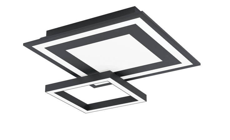 LED-Deckenleuchte Savatarila-Z 45 cm mit sich überschneidenden schwarzen und weißen Rahmen, aus Stahl gefertigt, von unten betrachtet.