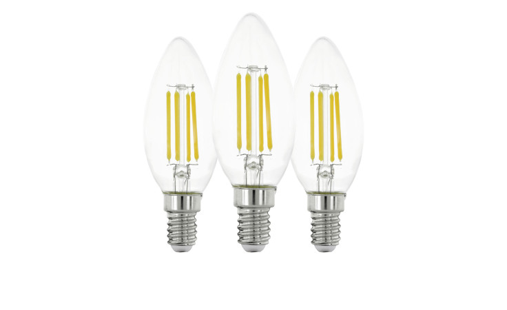 Drei Leuchtmittel 3er-Set 110304 E14 (klar, silberner Sockel, Effizienzklasse E) auf weißem Hintergrund.