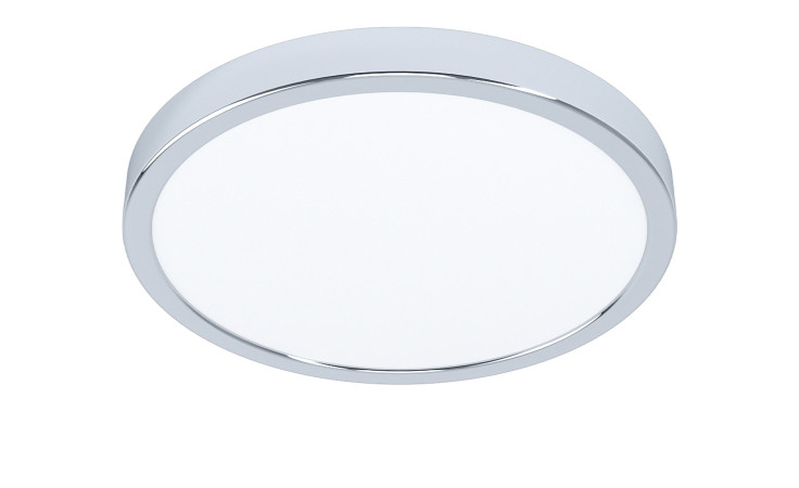 Die LED-Deckenleuchte Fueva 5 28,5 cm ist eine runde, flache Deckenleuchte in Silber mit Chromrahmen und weißem Diffusor.