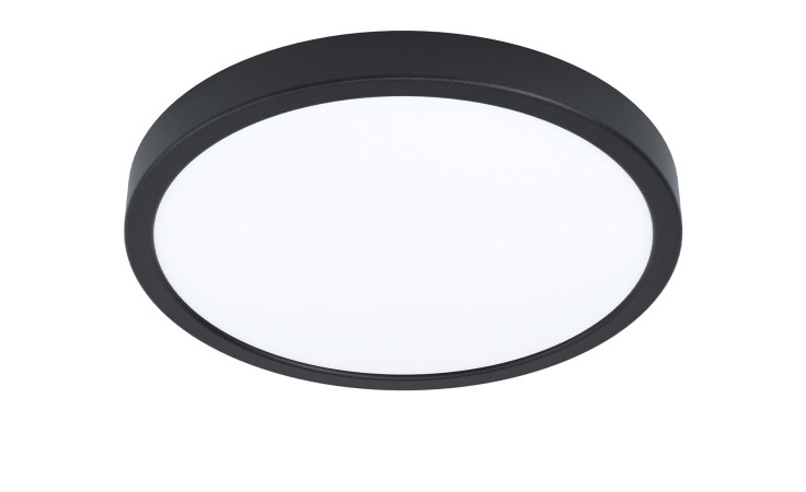 Runde schwarze LED-Deckenleuchte Fueva 5, 28,5 cm, Kunststoff/Metall, Leuchtmittel inkl., von unten gesehen auf weiß.