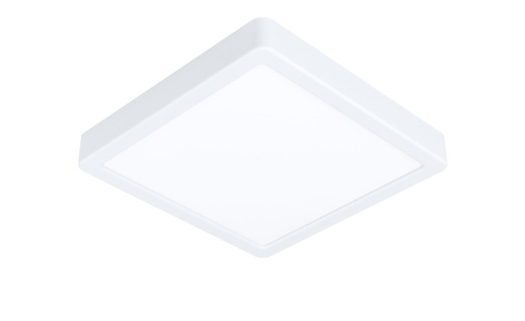 Die LED-Deckenleuchte Fueva 5 21 cm ist eine quadratische weiße Deckenleuchte mit einer flachen Oberfläche und einem Metallrahmen, von unten gesehen.